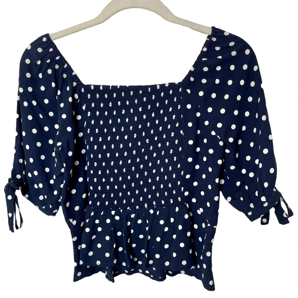 J. Crew Navy Cream‎ Polka Dot Smocked Cropped Peplum Top XXS